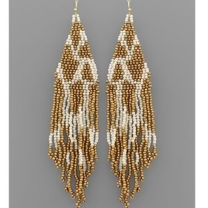 Seed bead triangle tassel earrings ivory & gold